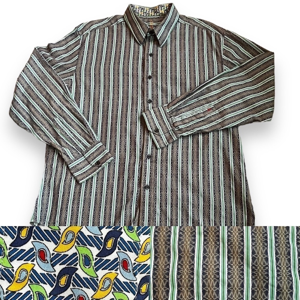 Robert Graham Shirt Flip Cuffs Button Up Jacquard Stripe Cotton Mens XL